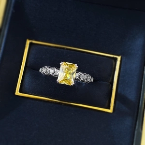 Vintage S925 silver ring with 6x8mm rectangular yellow diamond in luxury navy jewelry box