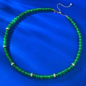925 Sterling Silver Beaded Necklace For Women Elegant Green Chalcedony Chain With Rhinestone Spacers Adjustable Jewelry