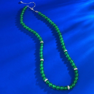 Imperial green chalcedony bead necklace with silver zircon spacers and lobster clasp