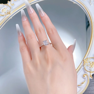 Detailed view of an S925 silver ring featuring a 6x8mm rectangular ice-cut clear gemstone