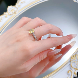 Detailed macro view of S925 silver ring featuring a 6x8mm rectangle yellow diamond