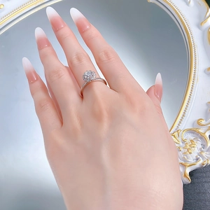 Detailed view of S925 silver sunflower halo ring with sparkling clustered stones on finger