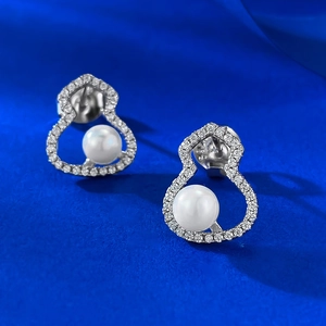 Elegant S925 silver gourd stud earrings with round white pearls and pavé cubic zirconia