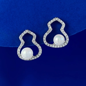 S925 silver gourd stud earrings with round white pearls and pavé cubic zirconia