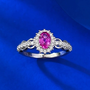 S925 silver ring with oval pink gemstone and vintage hollow diamond-set band