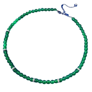 Green chalcedony bead necklace with silver zircon spacers and adjustable chain link