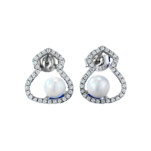 Elegant S925 silver hulu stud earrings with round pearls and paved zircons on white backdrop