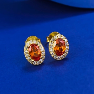 Orecchini a lobo in argento S925 placcato oro con pietra arancione ovale e zirconi