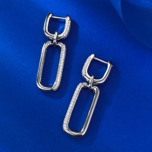 Boucles d'Oreilles Pendantes en Argent Sterling 925 pour Femmes Design Trombone Strass Incrustés Géométriques Bijoux de Mode