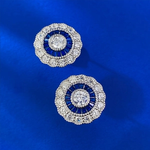Art Deco 925 silver flower stud earrings with 4.5mm white diamond and blue sapphire halo