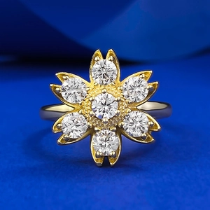 Elegant 925 Sterling Silver Flower Ring Gold Plated Daisy Sunflower Rhinestone Inlaid Fashion Jewelry For Women Accessory