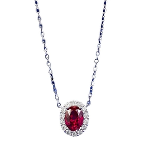 Collier en argent 925 avec pendentif rubis rouge ovale entouré de petits diamants