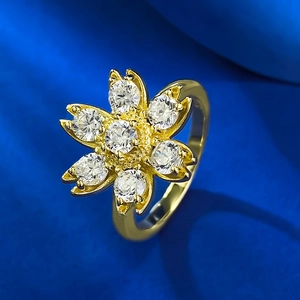 Elegant gold S925 silver sunflower ring with sparkling white zircon flower petals