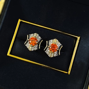 Retro fan-shaped 925 silver gold plated earrings with orange gemstones and white zircons