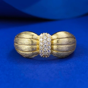 Bague Nœud Papillon Élégante en Argent Sterling 925 Plaqué Or pour Femme Texture Brossée Vintage Strass Bijoux de Mode
