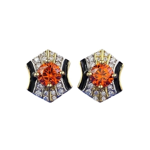 Art Deco 925 silver gold plated earrings with orange gemstone and black enamel