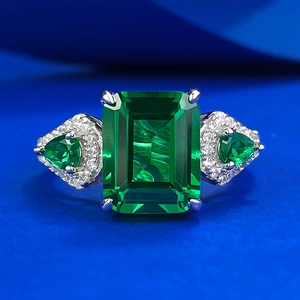 Bague en Argent Sterling 925 Taille Émeraude Émeraude Artificielle Géométrique Incrusté Strass Bagues pour Femmes Bijoux Luxe