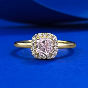 Bague Halo de Luxe en Argent Sterling 925 Plaqué Or Avec Strass Rose pour Femme Mode Coupe Coussin Géométrique Carré Bijoux de Mariage Fête