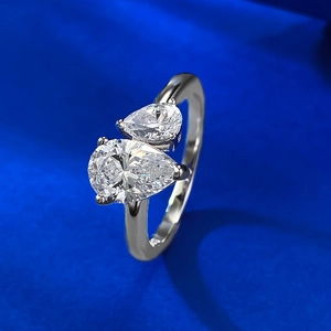 Bague Toi et Moi minimaliste en argent 925 avec deux diamants blancs taille poire