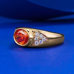 Gold plated S925 silver ring with sunset orange oval ice cut gemstone and white side diamonds