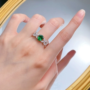 Elegant S925 silver ring with oval emerald zircon and marquise flower side stones