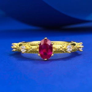Vintage French 925 Sterling Silver Gold Plated Pigeon Blood Red Oval Artificial Ruby Ring With Rhinestone Accents For Women
