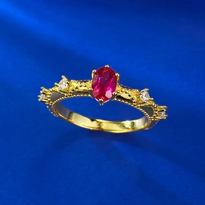Elegant 18k gold plated S925 silver ring with oval ruby gemstone and milgrain details