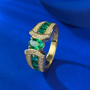 Vintage S925 silver gold-plated ring with oval emerald-cut green stone and diamonds