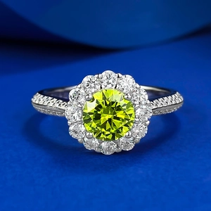 Bague Halo en Argent Sterling 925 avec Strass Vert Pomme pour Femme Luxe Grappe Ronde Fiançailles Mariage Fête Bijoux Bague