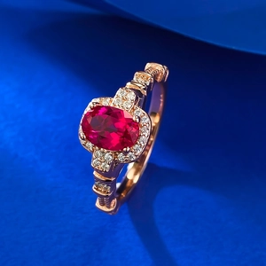 French style S925 silver oval red ruby ring in rose gold with shimmering zircon halo