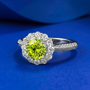 Bague fleur élégante en diamant de carbone vert pomme en métal argenté avec accents