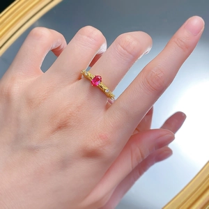 S925 silver gold-plated ring with oval pigeon blood red gemstone and accent diamonds