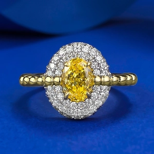925 Sterling Silver Oval Yellow Stone Ring For Women Gold Plated White Rhinestone Halo Inlaid Fashion Cocktail Jewelry Finger Ring