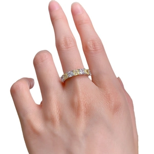 S925 silver eternity ring featuring alternating yellow and white emerald cut diamonds