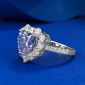 925 silver heart ring with 8x8mm lavender purple stone and diamond pavé accents