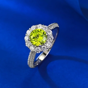 Bague classique en argent S925 avec diamant carbone vert pomme 6mm et serti halo