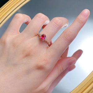 Elegant S925 silver ring with oval ruby and diamond accents in rose gold finish
