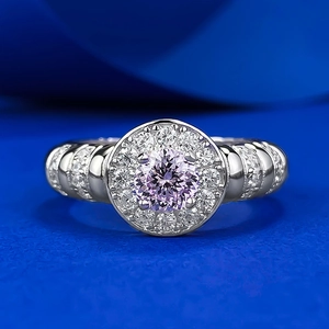 925 Sterling Silver Round Pink Rhinestone Ring For Women Elegant Halo Geometric Design Fashion Finger Jewelry Wedding Party Gift