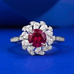 Bague Fleur en Argent Sterling S925 pour Femme Avec Strass Rouge Sang de Pigeon Bijoux de Luxe Mariage Fiançailles