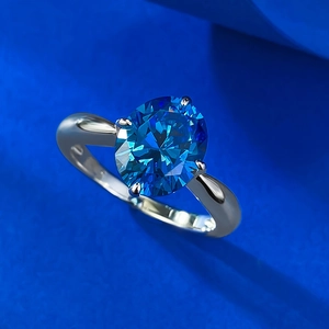 Elegant silver ring with 8x10 oval royal blue sapphire gemstone on blue background