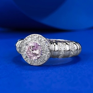 S925 sterling silver halo ring with 5mm round pink diamond and pavé textured band