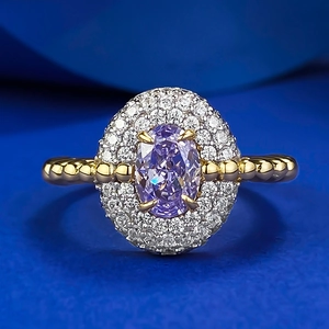 S925 Sterling Silver Gold Plated Purple Oval Zirconia Ring Vintage Beaded Band Double Halo Fashion Wedding Party Women Jewelry