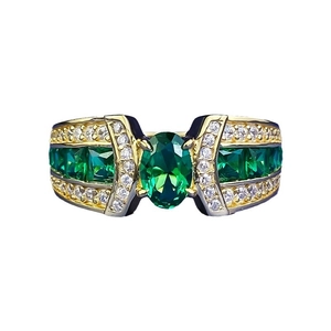 S925 silver gold-plated ring with oval emerald gemstone and black enamel details