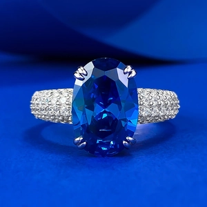 Bague de Fiançailles en Argent Sterling 925 Ovale Bleu Royal Avec Strass pour Femme Luxueuse Élégante Serti Pavé Bijoux de Doigt