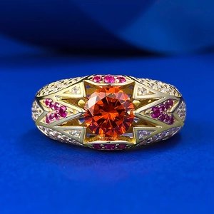 Vintage 925 Sterling Silver Gold Plated Round Orange Rhinestone Ring For Women Luxury Geometric Inlaid Finger Jewelry