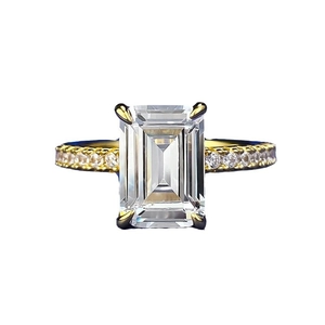 Elegant S925 silver emerald cut high carbon diamond ring with gold-plated pavé setting