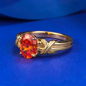 S925 silver oval orange Fanta stone ring with golden crisscross rope texture band