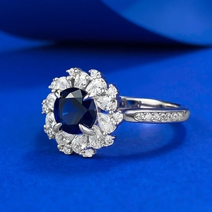 S925 silver flower cluster ring with 6mm blue sapphire and dazzling halo diamonds