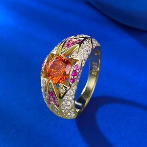 Luxurious S925 silver ring with 1ct round orange gem and sparkling diamond accents