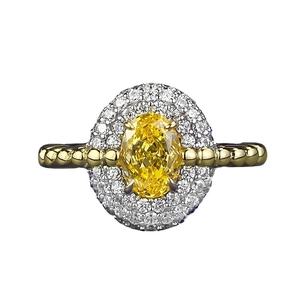 Vintage 18K gold plated S925 silver ring with oval yellow carbon diamond and beaded band